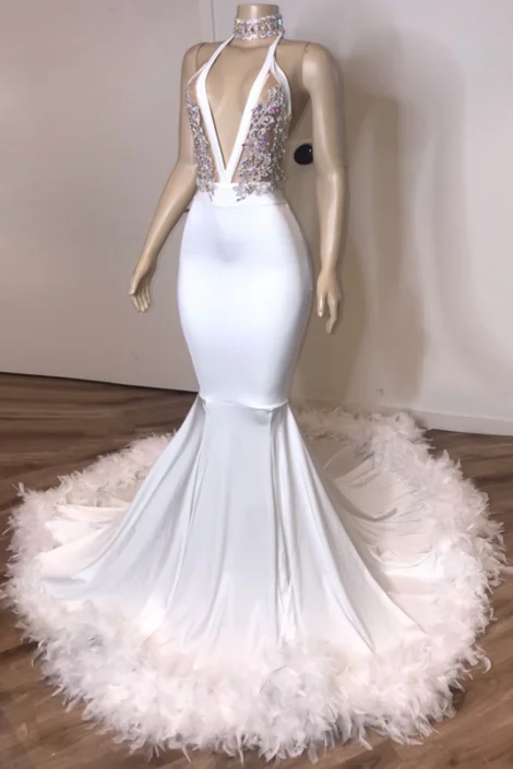 Black Girl Prom Dresses V-neck Sexy Backless White Prom Dresses with Feather cg14706 Black Girl Prom Dresses V-neck Sexy Backless White Prom Dresses with Feather cg14706
