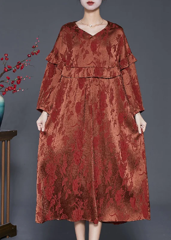 Simple Khaki Ruffled Patchwork Silk Holiday Dress Fall