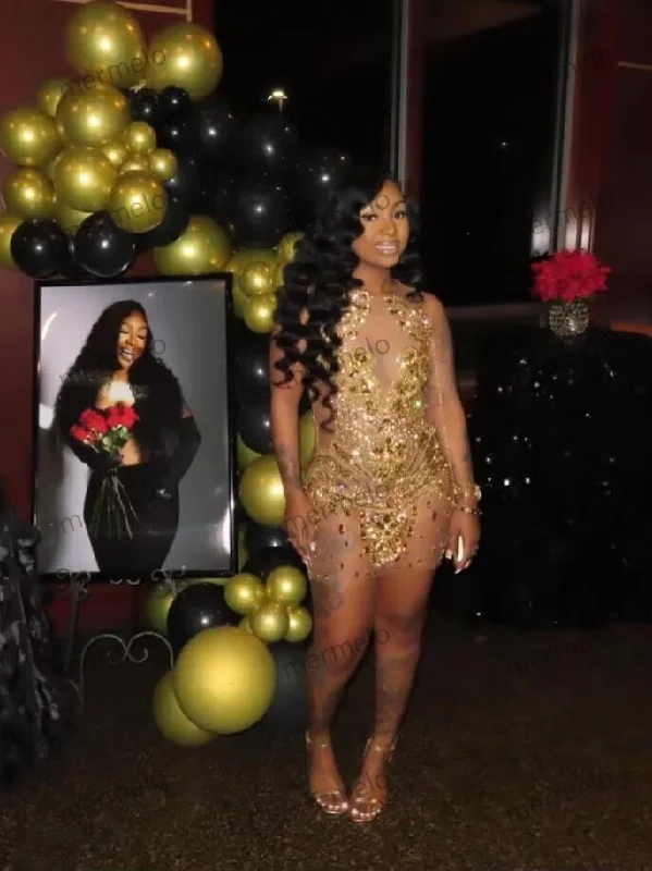 Sparkly Gold Short Prom Homecoming Dresses Sheer Mesh Crystal Beaded Black Girl Graduation Gown Sparkly Gold Short Prom Homecoming Dresses Sheer Mesh Crystal Beaded Black Girl Graduation Gown