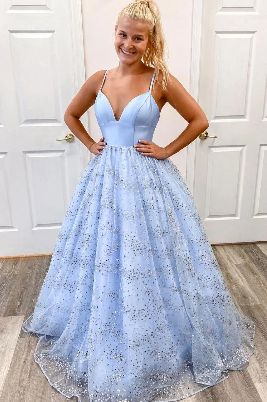 Blue v neck tulle sequin long prom dress blue tulle formal dress   cg14525