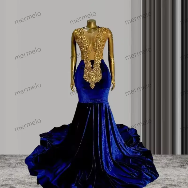 Blue Velvet African Prom Dress for Black Girl Crystal Diamond Sheer Mesh Mermaid Evening Gala Queen Gowns Blue Velvet African Prom Dress for Black Girl Crystal Diamond Sheer Mesh Mermaid Evening Gala Queen Gowns