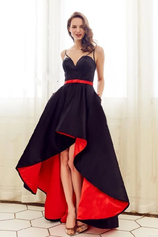 Red Black High Low Prom Dresses With Sheer Straps Satin A line Short Front Long Back cg14274 Red Black High Low Prom Dresses With Sheer Straps Satin A line Short Front Long Back cg14274