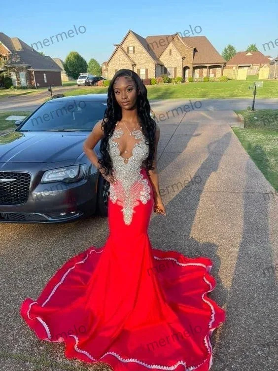 Red Evening Dress Custom Made Black Girl Mermaid Prom Gowns