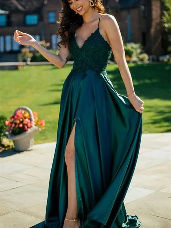 A Line V Neck Dark Green Lace Top Long Prom Dresses with Slit, Dark Green Lace Formal Graduation Evening Dresses cg14605 A Line V Neck Dark Green Lace Top Long Prom Dresses with Slit, Dark Green Lace Formal Graduation Evening Dresses cg14605