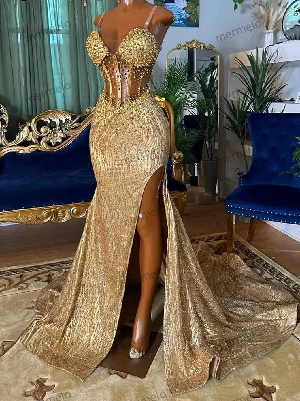 Sparkly Gold Prom Dresses Spaghetti Straps Side Split Crystal Beading Pearls Evening Gowns Wedding Party Wear Sparkly Gold Prom Dresses Spaghetti Straps Side Split Crystal Beading Pearls Evening Gowns Wedding Party Wear