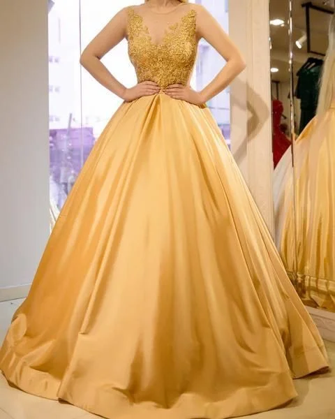 Satin Ball Gowns Prom Dresses Lace Appliques With Sheer Neckline   cg14094