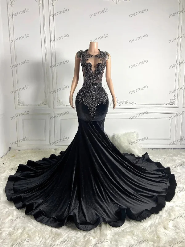 Luxury Velvet Long Prom Dresses For Black Girls Sheer Crystals American African Evening Gowns Birthday Party Luxury Velvet Long Prom Dresses For Black Girls Sheer Crystals American African Evening Gowns Birthday Party
