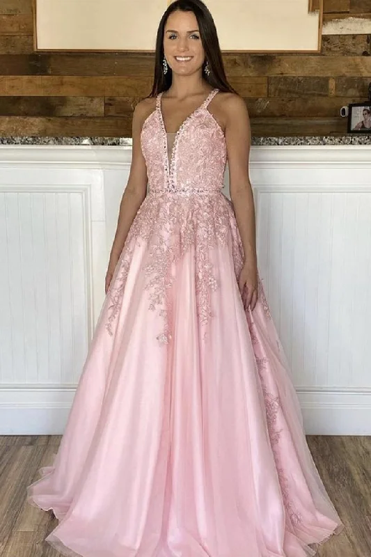 V Neck Open Back Pink Lace Long Prom Dress, Pink Lace Formal Dress, Pink Evening Dress cg14483 V Neck Open Back Pink Lace Long Prom Dress, Pink Lace Formal Dress, Pink Evening Dress cg14483