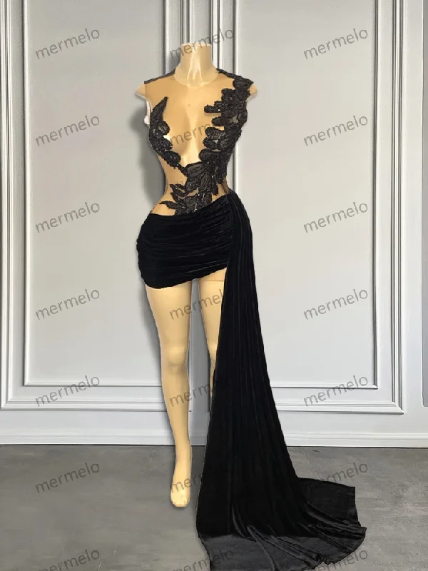 Black Mini Birthday Party Cocktail Dress Sexy See Through Appliques Black Girls Short Prom Dress with Side Train Customized Black Mini Birthday Party Cocktail Dress Sexy See Through Appliques Black Girls Short Prom Dress with Side Train Customized