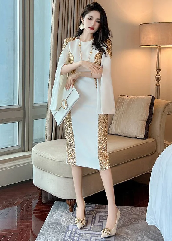 French White O Neck Sequins Patchwork Cotton Dress Fall