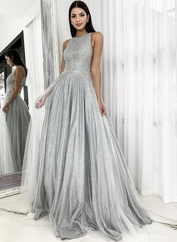 Silver tulle sequins long prom dress evening dress   cg14083