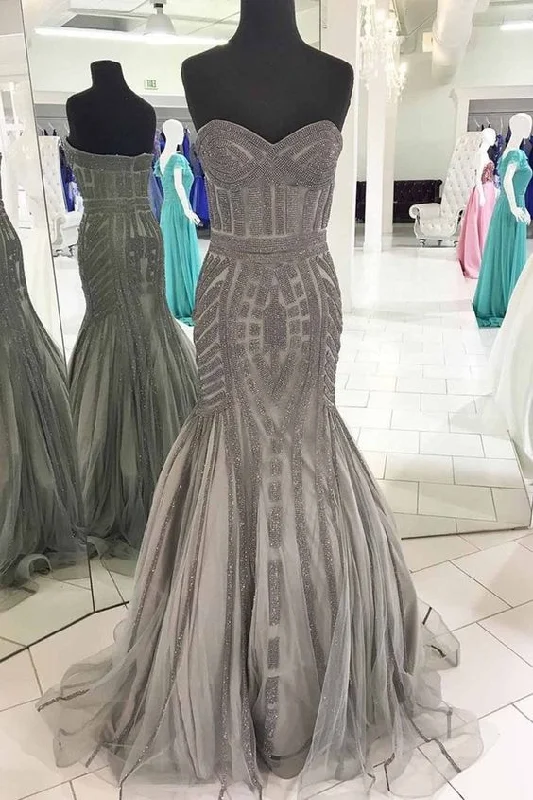 Sweetheart gray tulle beaded long strapless mermaid evening dress, formal prom dress cg14416 Sweetheart gray tulle beaded long strapless mermaid evening dress, formal prom dress cg14416