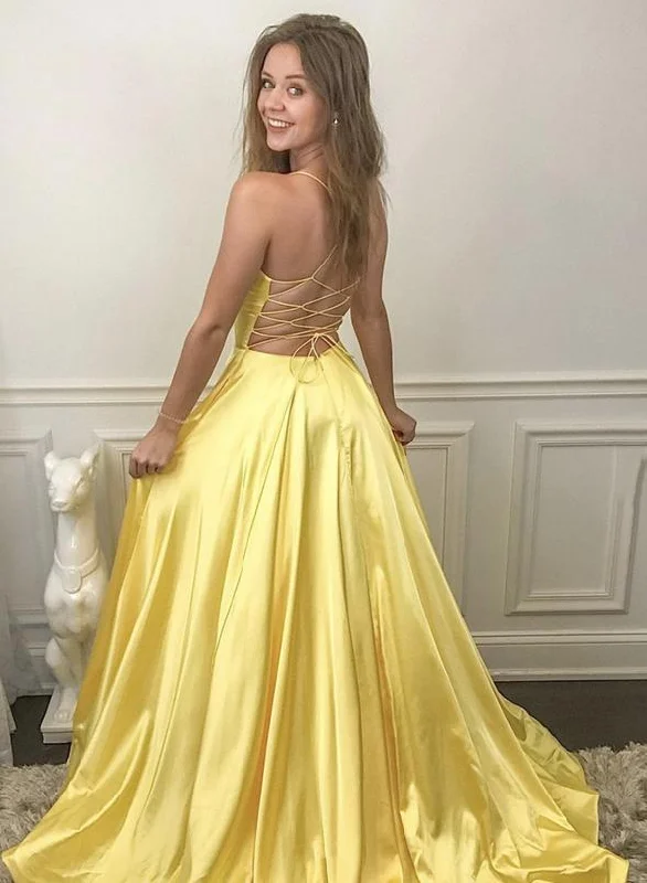 Yellow satin long prom dress simple evening dress   cg14561