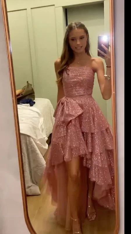 Chic Pink High Low Strapless Long Prom Dress Sequin Layered Party Gown Evening Dress cc1499 Chic Pink High Low Strapless Long Prom Dress Sequin Layered Party Gown Evening Dress cc1499
