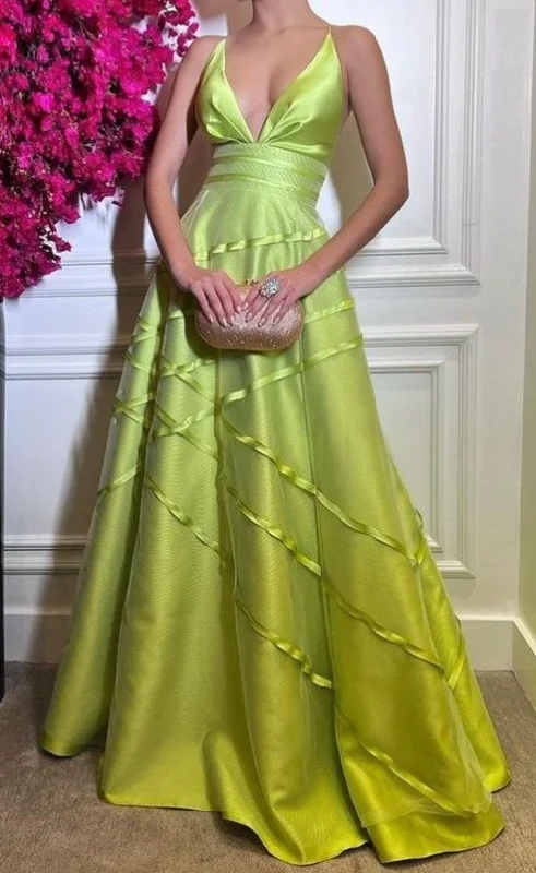 Sexy V Neck A Line Long Prom Dress Satin Backless Evening Dress Party Gown  cc1462