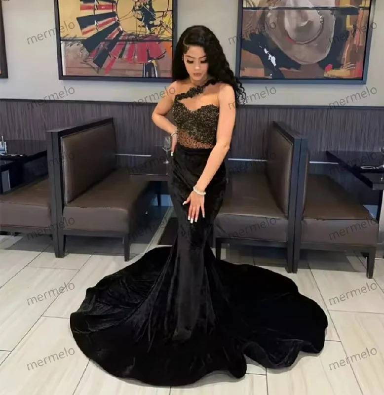 Velvet One Shoulder Evening Dresses For Black Girls Appliques Birthday Beaded Party Gowns Long Prom Dresses Mermaid Customized Velvet One Shoulder Evening Dresses For Black Girls Appliques Birthday Beaded Party Gowns Long Prom Dresses Mermaid Customized