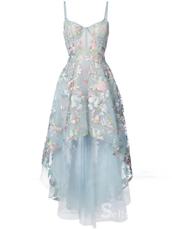 A-line Spaghetti Straps Light Sky Blue High Low Prom Dresses Lace Formal Gowns SED017 A-line Spaghetti Straps Light Sky Blue High Low Prom Dresses Lace Formal Gowns SED017