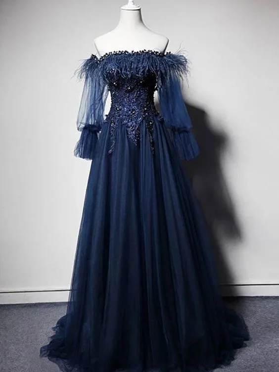 Off the Shoulder Long Sleeve Navy Prom Dress A Line Long Prom Evening Dress    cg14186