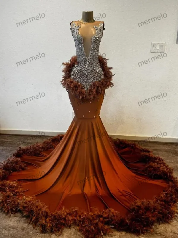 Brown Long Mermaid Prom Dresses for Black Girl Sparkly Luxury Diamond Crystal Feather African Evening Birthday Gala Gown Brown Long Mermaid Prom Dresses for Black Girl Sparkly Luxury Diamond Crystal Feather African Evening Birthday Gala Gown