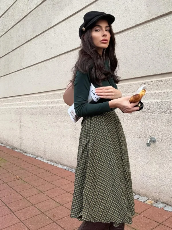 Dark Green 1950s Plaid Knitting Dress