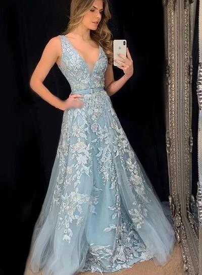 Charming Light Blue A-line Prom Dresses,Lace Evening Dresses,V-neck Tulle Applique Party Evening Gown cg14650 Charming Light Blue A-line Prom Dresses,Lace Evening Dresses,V-neck Tulle Applique Party Evening Gown cg14650