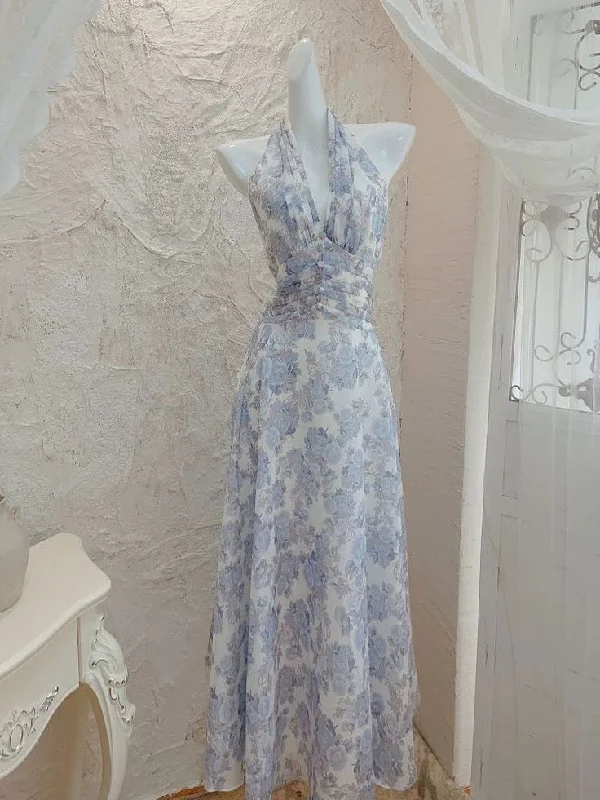 Sexy Chiffon Print Floral Long Prom Dress Halter V Neck Party Evening Gown cc1480