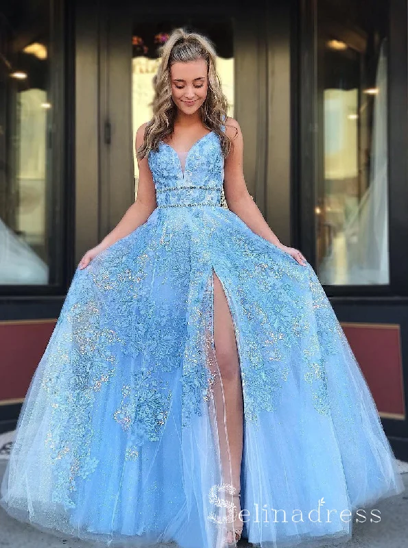 A-line Blue Lace Long Prom Dresses With Split Beaded Modest Formal Dress SED114