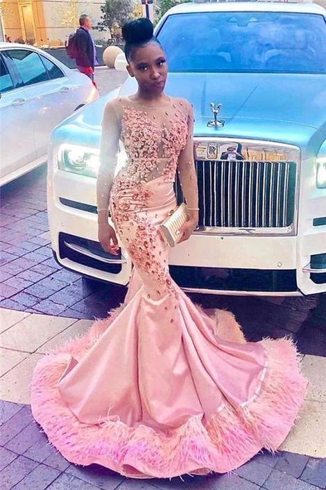 Black Girl Prom Dress Sheer Tulle Pink Mermaid Prom Dresses with Feather | Crystals Appliques Sexy Evening Gowns with Sleeves cg14652 Black Girl Prom Dress Sheer Tulle Pink Mermaid Prom Dresses with Feather | Crystals Appliques Sexy Evening Gowns with Sleeves cg14652