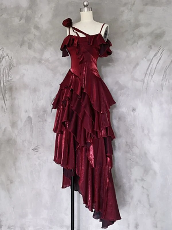 Pretty Asymmetrical Layered Flounce Spaghetti Strap Satin Prom Dress Mermaid Evening Gown cc1459