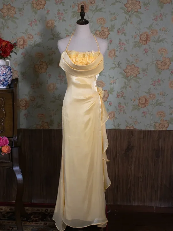 Vintage Halter Neck Floral Prom Dress Fairy Yellow Evening Dress Party Princess Dress cc1491 Vintage Halter Neck Floral Prom Dress Fairy Yellow Evening Dress Party Princess Dress cc1491