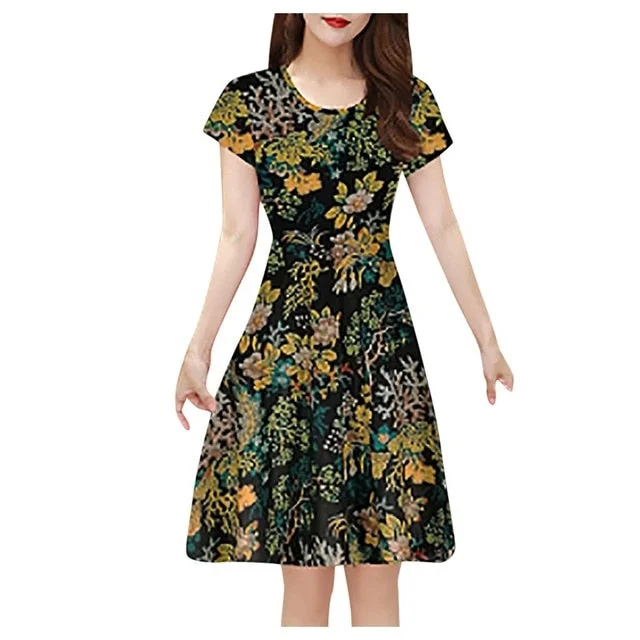 2020 Women dress Summer Vintage A-Line O-Neck Abiti Donna Short Sleeve ropa mujer Printed Sukienka 2020 Women dress Summer Vintage A-Line O-Neck Abiti Donna Short Sleeve ropa mujer Printed Sukienka