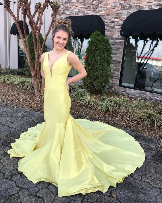 Glamorous Yellow Mermaid Prom Dress Sexy Deep V-Neck Satin Sweep Train Formal Evening Dresses cg14272 Glamorous Yellow Mermaid Prom Dress Sexy Deep V-Neck Satin Sweep Train Formal Evening Dresses cg14272