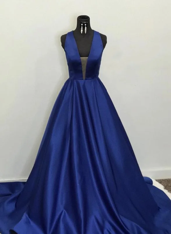 Blue v neck satin long prom dress blue evening dress    cg14426