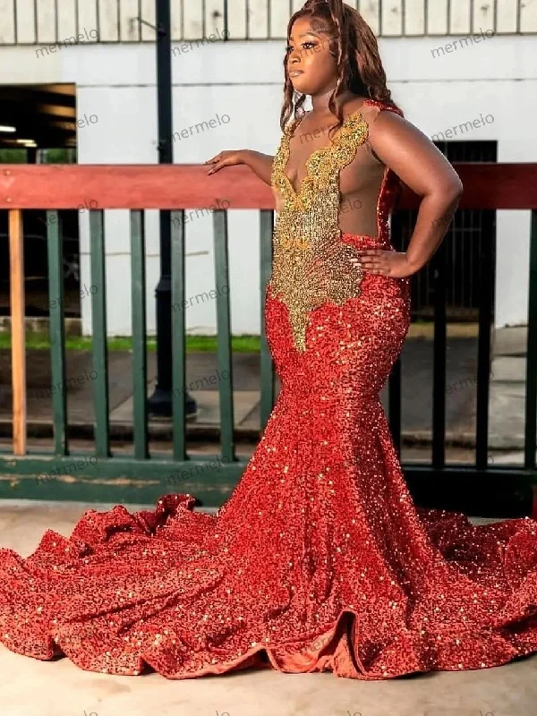 Red Sequins Mermaid Prom Dress Gold Crystals Diamond Beaded Black Girl Party Gala Gowns Red Sequins Mermaid Prom Dress Gold Crystals Diamond Beaded Black Girl Party Gala Gowns