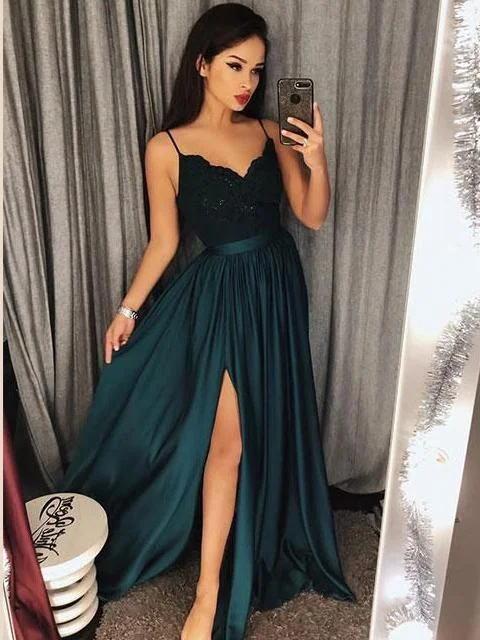Dark Green Spaghetti Straps Chic Lace A line Prom Dresses Long Formal Dress Evening Gowns SE006 Dark Green Spaghetti Straps Chic Lace A line Prom Dresses Long Formal Dress Evening Gowns SE006