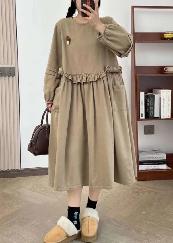 Khaki Wrinkled Cotton Long Dress O Neck Long Sleeve