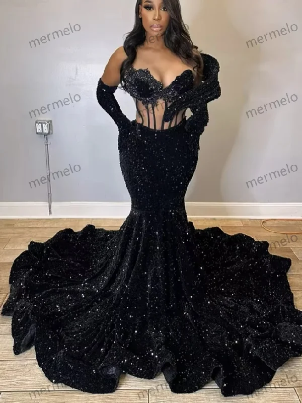 Sexy Black Sequin Mermaid Long Prom Dresses With Gloves Afican Elegant Dress For Wedding Party Evening Gown Sexy Black Sequin Mermaid Long Prom Dresses With Gloves Afican Elegant Dress For Wedding Party Evening Gown