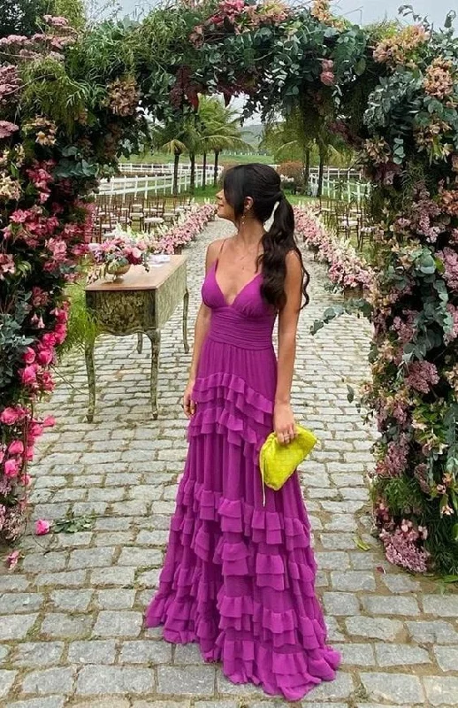 A-line Purple V-neck Long Evening Prom Dress,Spaghetti Straps Prom Dress cc1040