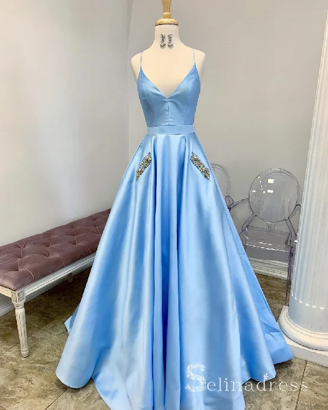 Light Sky Blue Spaghetti Straps Long Prom Dresses Beaded Pocket Evening Gowns SED026 Light Sky Blue Spaghetti Straps Long Prom Dresses Beaded Pocket Evening Gowns SED026