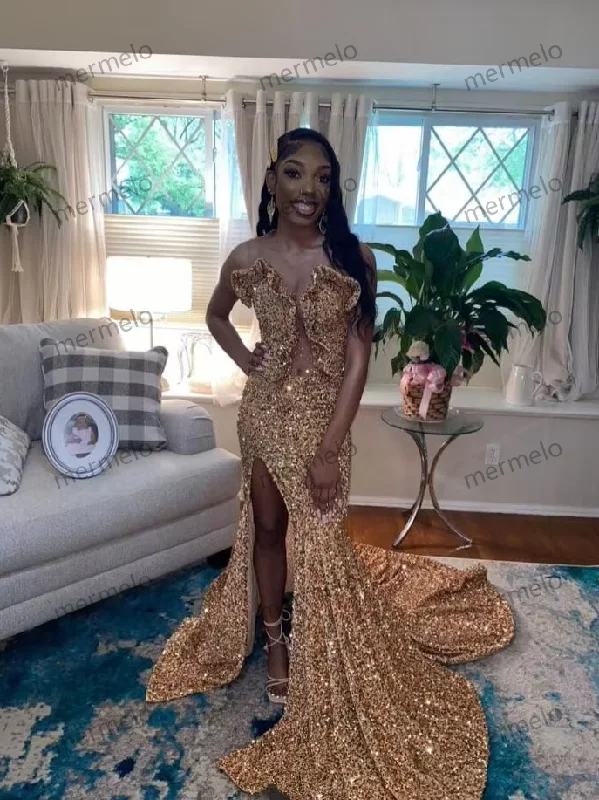 Sparkling Gold Long Mermaid Prom Gowns For Women Luxury Studded Diamante Sexy High Split Birthday Dresses Sparkling Gold Long Mermaid Prom Gowns For Women Luxury Studded Diamante Sexy High Split Birthday Dresses