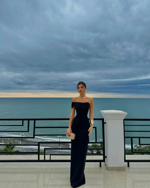 Elegant One Shoulder Sheath Prom Dress Black Satin Long Party Evening Gown  cc1482