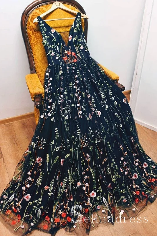 Black V neck Boho Long Prom Dresses With Floral Beautiful Formal Evening Gowns SED077 Black V neck Boho Long Prom Dresses With Floral Beautiful Formal Evening Gowns SED077