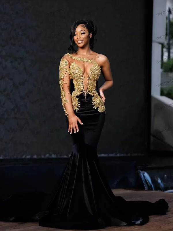 New Luxury Black Velour Mermaid Women Prom Dress Beading Gold Crystal Rhinestone Birthday Dress One Shoulder Evening Gown New Luxury Black Velour Mermaid Women Prom Dress Beading Gold Crystal Rhinestone Birthday Dress One Shoulder Evening Gown