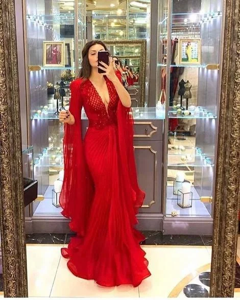 Sexy V neck Red Long Prom Dresses, Mermaid Evening Gowns    cg14649