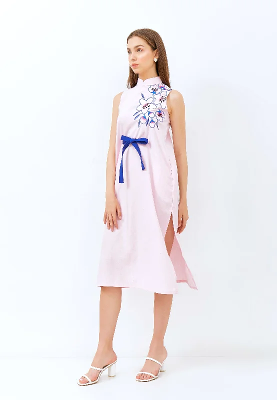 CHERRY BLOSSOM Embroidery Pink Midi Cheongsam Dress