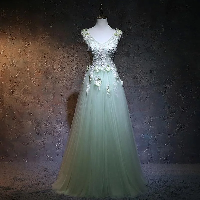 Beautiful Light Green V-Neckline Tulle Party Gown, A-Line Tulle Prom Dress   cg14524