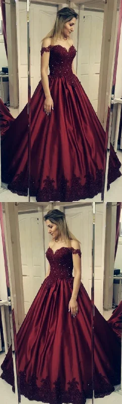 Off the Shoulder Burgundy Appliques Sweet 16 Prom Dresses   cg14304