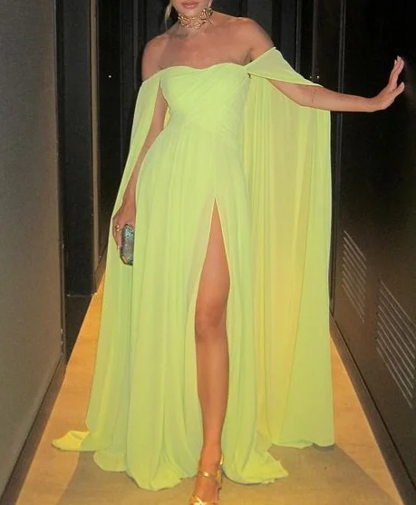 Sexy Off The Shoulder Yellow Long Chiffon Evening Dress Slit A Line Prom Dress Party Gown cc1450 Sexy Off The Shoulder Yellow Long Chiffon Evening Dress Slit A Line Prom Dress Party Gown cc1450