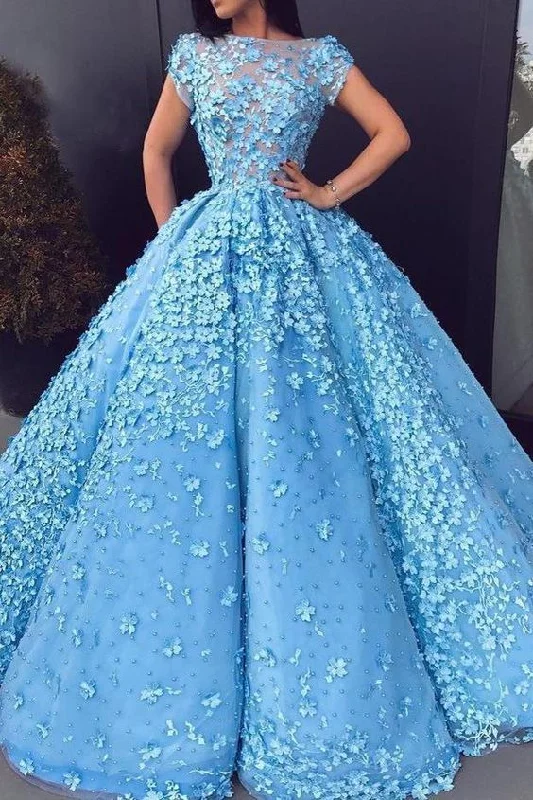 Ball Gown Blue Prom Dresses Floral Lace Bateau Long Cap Sleeve Quinceanera Dresses prom dress cg14481 Ball Gown Blue Prom Dresses Floral Lace Bateau Long Cap Sleeve Quinceanera Dresses prom dress cg14481