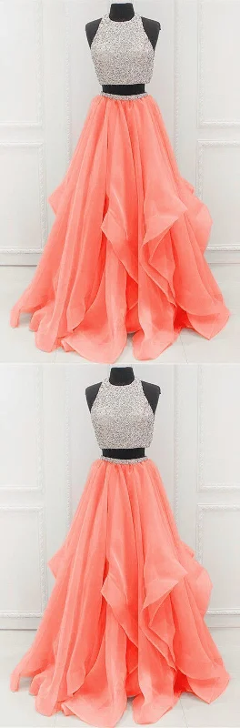 Two piece a line beaded tulle Unique Prom Dresses   cg14499